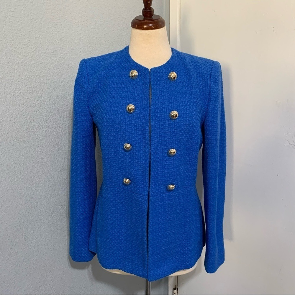 Zara Women Blue High Neck Double Breasted Textured Tailored Cotton Blazer Size M - Picture 10 of 17